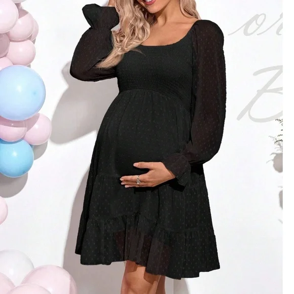 Maternity Polka Dot Shirred Bust Long Sleeve Ruffle Mini Dress - Picture 5 of 9